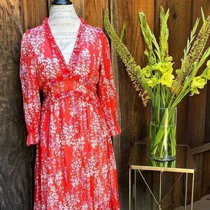 RED FLORAL RUFFLED LONG SLEEVED DRESS Size S M  BNWT